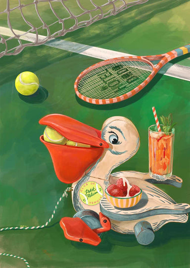 The Petit Pélican Tennis Club Giclée Art Print by Hôtel Dodo features a charming pelican toy holding a tennis ball beside a racket, strawberries and cream, and an iced drink on a vibrant tennis court.