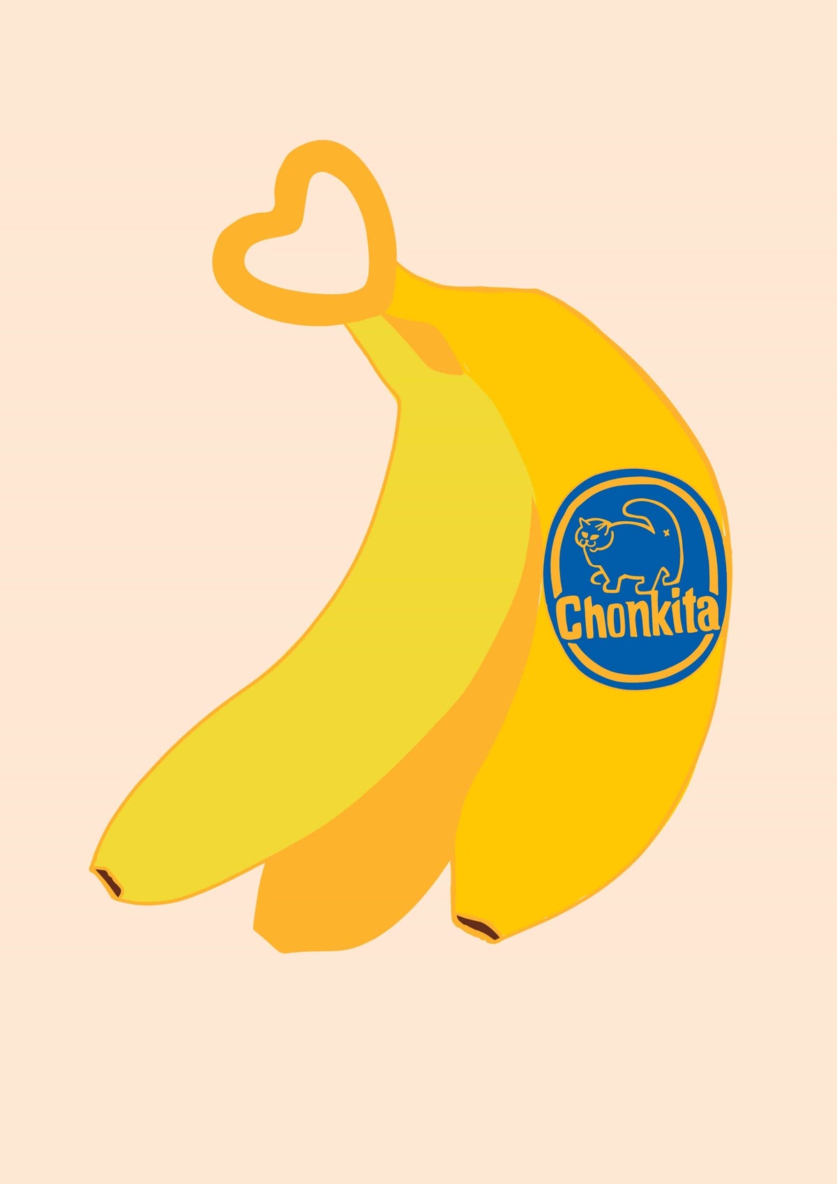 Hôtel Dodo’s Chonkita Banana Keyring features two bananas with a heart-shaped stem and a blue "Chonkita" cat sticker, set against a light peach background.