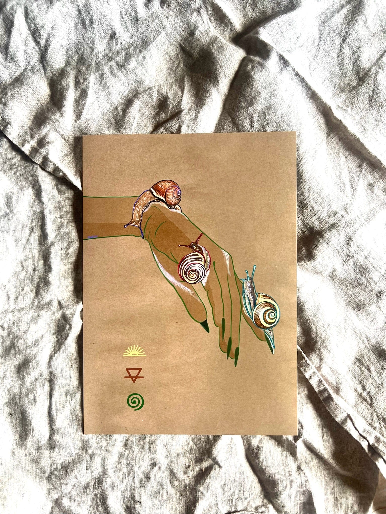 Hand-drawn with intricate spiral-shelled snails and three small symbols—a triangle, sun, and spiral—this "Spring Snails Matte Art Print" by Beauty and the Beastie showcases whimsical nature on a rich brown background.