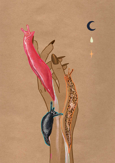 This Midnight Slugs Matte Canvas Print by Beauty and the Beastie showcases an illustration featuring a hand with an Australian pink slug, a leopard slug, and a colorful slug, set against a backdrop of geometric shapes and a crescent moon on brown.