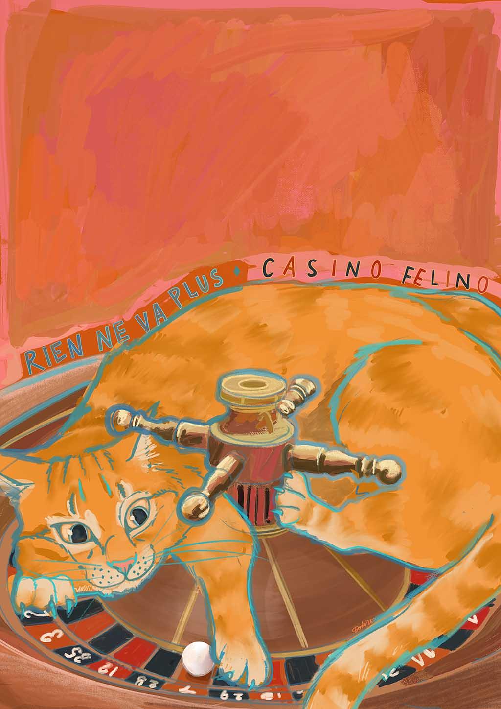 Casino Felino Matte Art Print by Aventures Des Créatures features an orange cat lounging on a roulette wheel, with "Rien Ne Va Plus" and "Casino Felino" stylishly displayed.