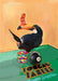 A toucan balances red dice on its beak, sits on poker chips, and stands beside an eight ball on a green table in this Hôtel Dodo "Toucan Tables Giclée Art Print.