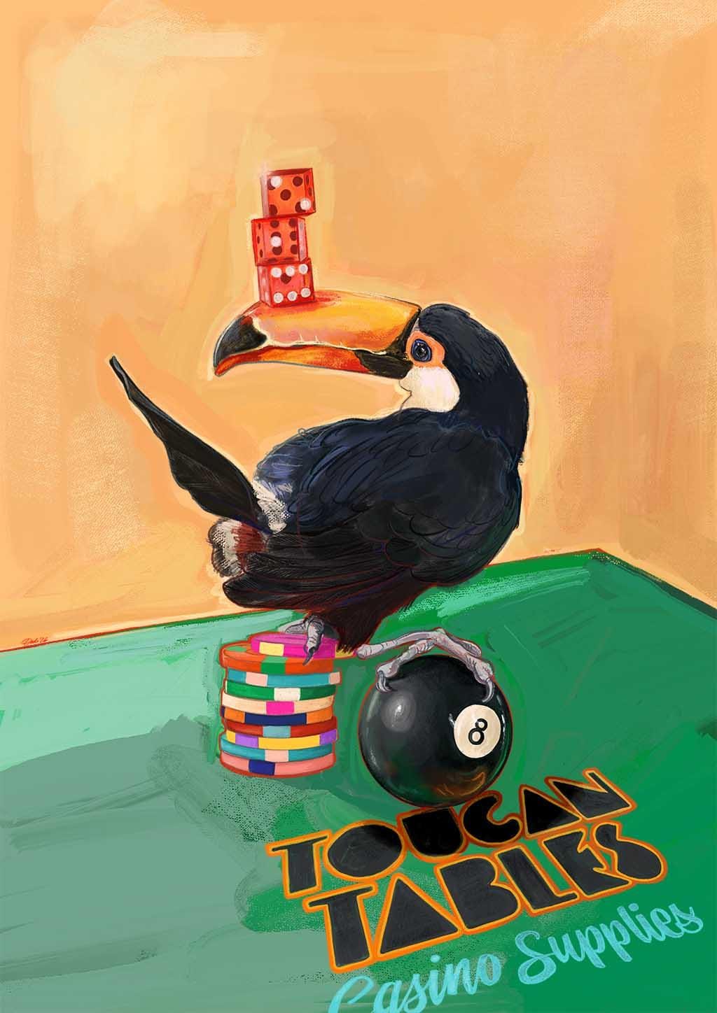 A toucan balances red dice on its beak, sits on poker chips, and stands beside an eight ball on a green table in this Hôtel Dodo "Toucan Tables Giclée Art Print.