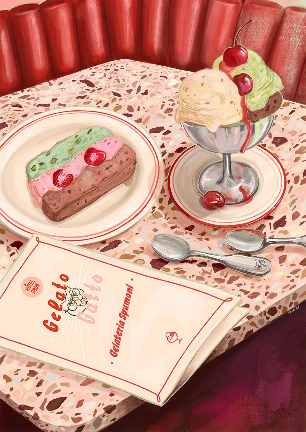Certainly! Here’s the revised sentence using your product data: There are no keywords provided to blend into the description for the Hôtel Dodo Gelato Gatto Giclée Art Print. If you’d like, please share the keywords, and I’ll revise the description accordingly!.