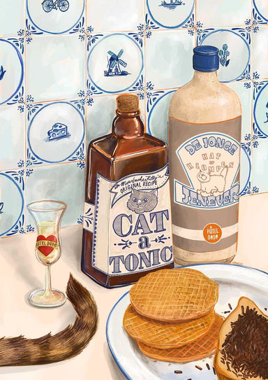 The Dutch Courage Giclée Art Print by Hôtel Dodo features a jenever bottle, a glass, "Cat Tonic," a cat tail, and a plate of waffles with chocolate sprinkles set against Delftware blue and white tiles.
