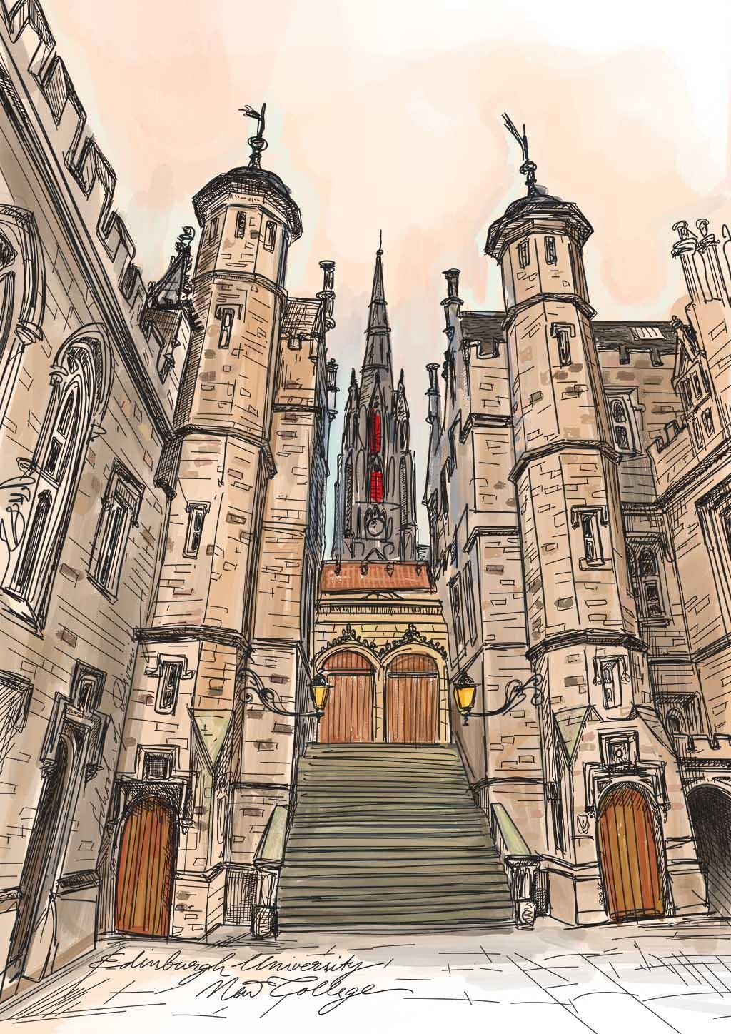 The New College Edinburgh Uni Art Print by Essential Edinburgh features a grand stone building with towers, arched windows, wide steps to wooden doors, and a tall spire rising gracefully in the background.