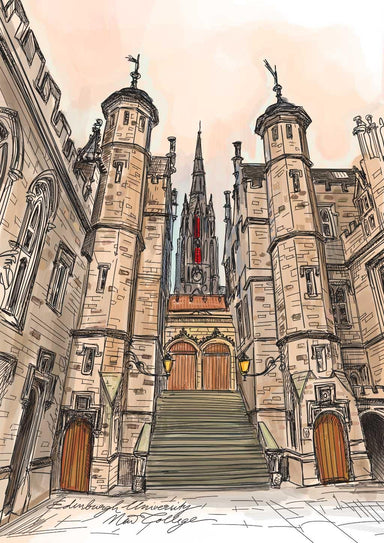 The New College Edinburgh Uni Art Print by Essential Edinburgh features a grand stone building with towers, arched windows, wide steps to wooden doors, and a tall spire rising gracefully in the background.