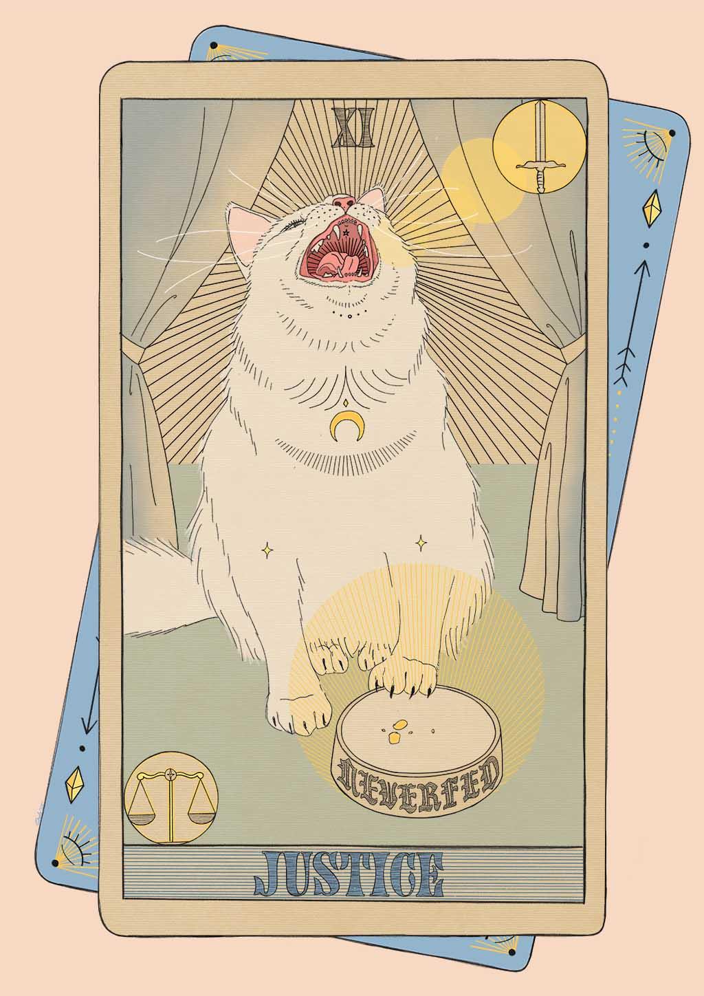 Justice Art Print by Tarot Cats features an upright white cat with open mouth behind a dish marked "Judgement," plus sword and scales icons, inspired by the classic tarot card.