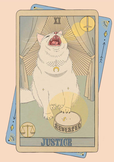 Justice Art Print by Tarot Cats features an upright white cat with open mouth behind a dish marked "Judgement," plus sword and scales icons, inspired by the classic tarot card.