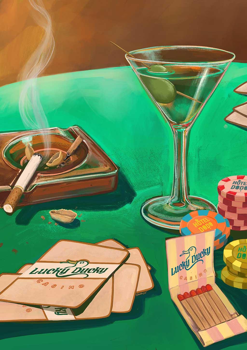 The Lucky Ducky Casino Giclée Art Print by Hôtel Dodo features a green casino table with poker chips, playing cards, a martini glass with an olive, a smoldering cigarette in an ashtray, and an open matchbook.
