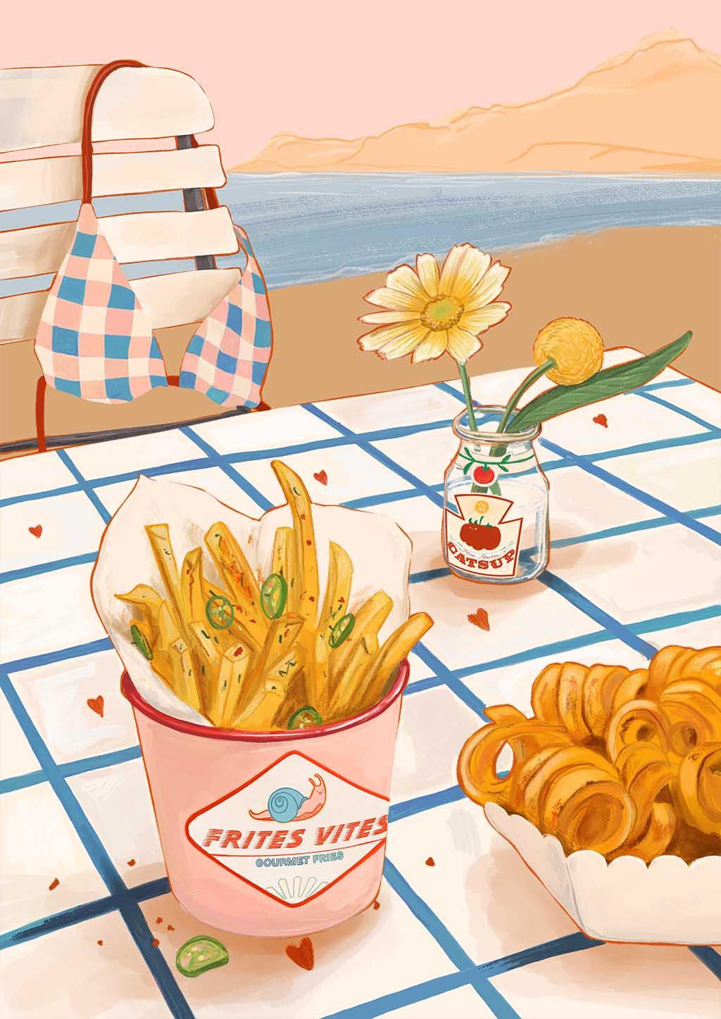 Frites Vites Giclée Art Print by Hôtel Dodo captures a carefree summer vibe with French fries, curly fries, a flower vase, bench, and bikini top on a seaside picnic table.