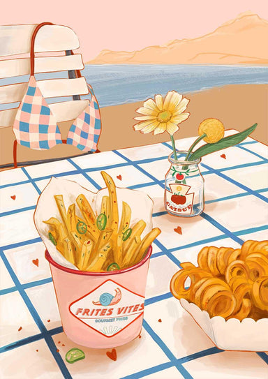 Frites Vites Giclée Art Print by Hôtel Dodo captures a carefree summer vibe with French fries, curly fries, a flower vase, bench, and bikini top on a seaside picnic table.