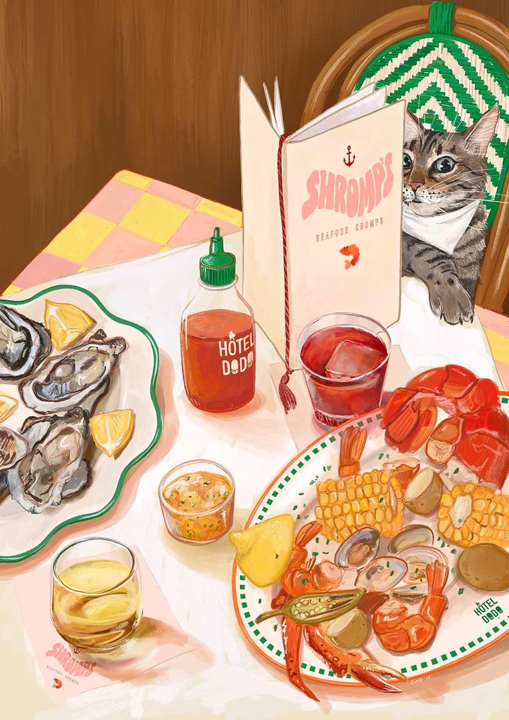 In Hôtel Dodo’s “Shromp's Seafood Chomps” Giclée Art Print, a cat sits at a table with oysters, shrimp, corn, lemons, drinks, and hot sauce—poised to enjoy a lavish seafood feast.