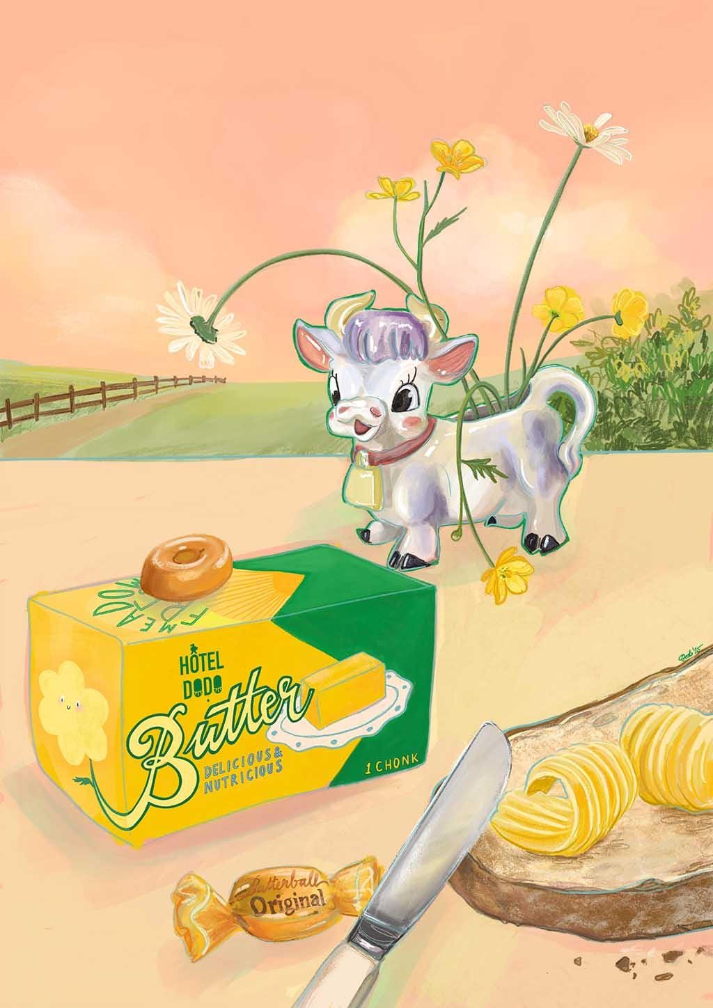 A cartoon cow with flowers on a "Butterlicious Giclée Art Print" package by Hôtel Dodo stands in a pastoral scene. A butter knife, sliced bread, and candy complete the rural setting. Unfortunately, SEO keywords for this whimsical display remain elusive.