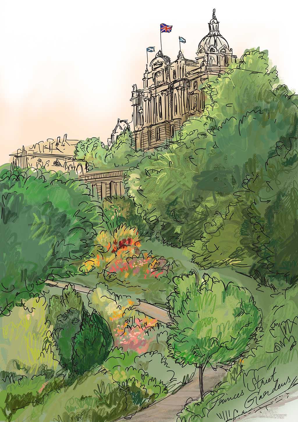 Princes Street Gardens Art Print by Essential Edinburgh features a grand building with flags, lush greenery, vibrant gardens, and a winding path in the foreground.