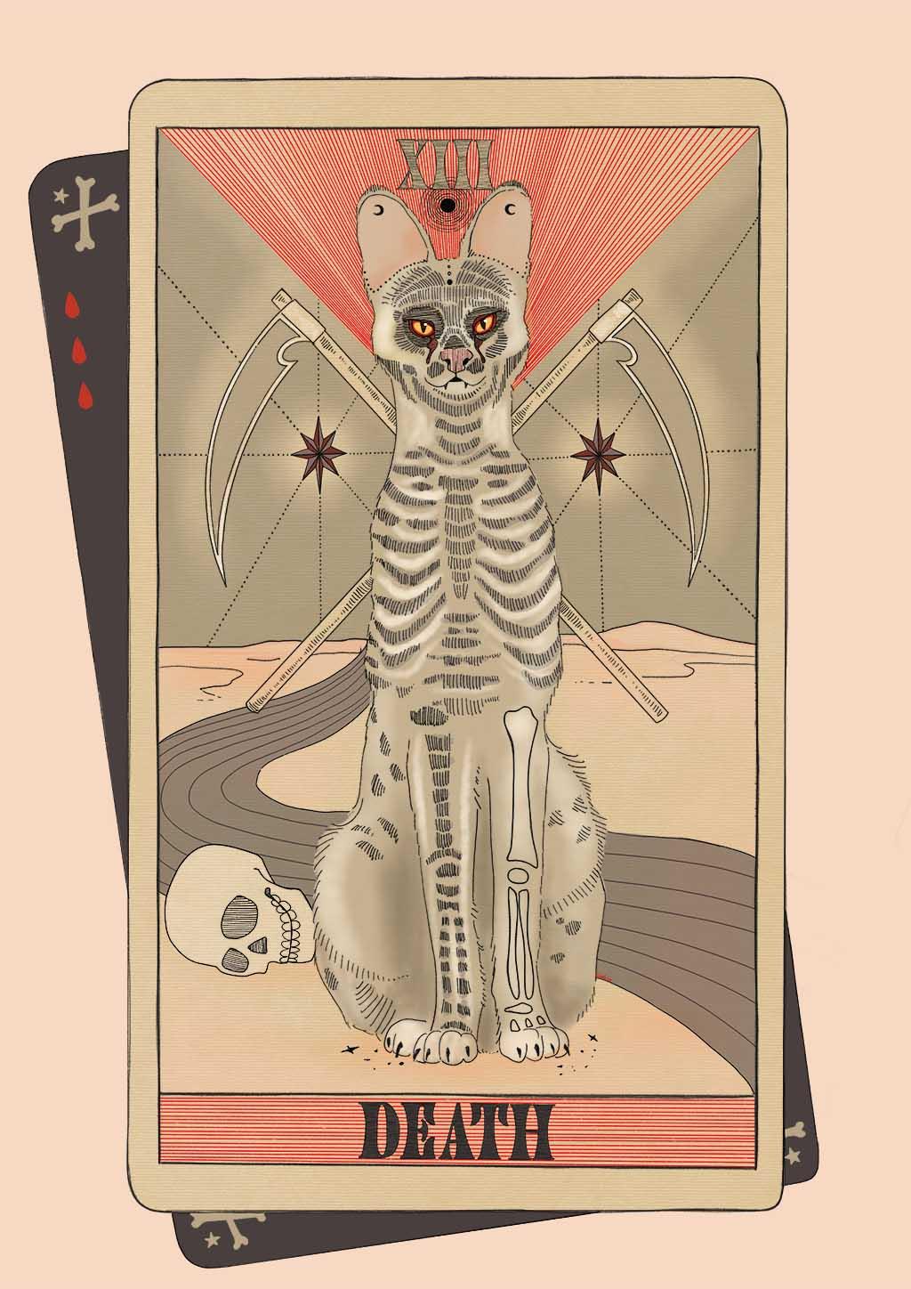 The Death Art Print by Tarot Cats features a skeletal cat, two crossed scythes, a skull, and a winding path through an arid desert, reimagining the classic tarot card illustration.