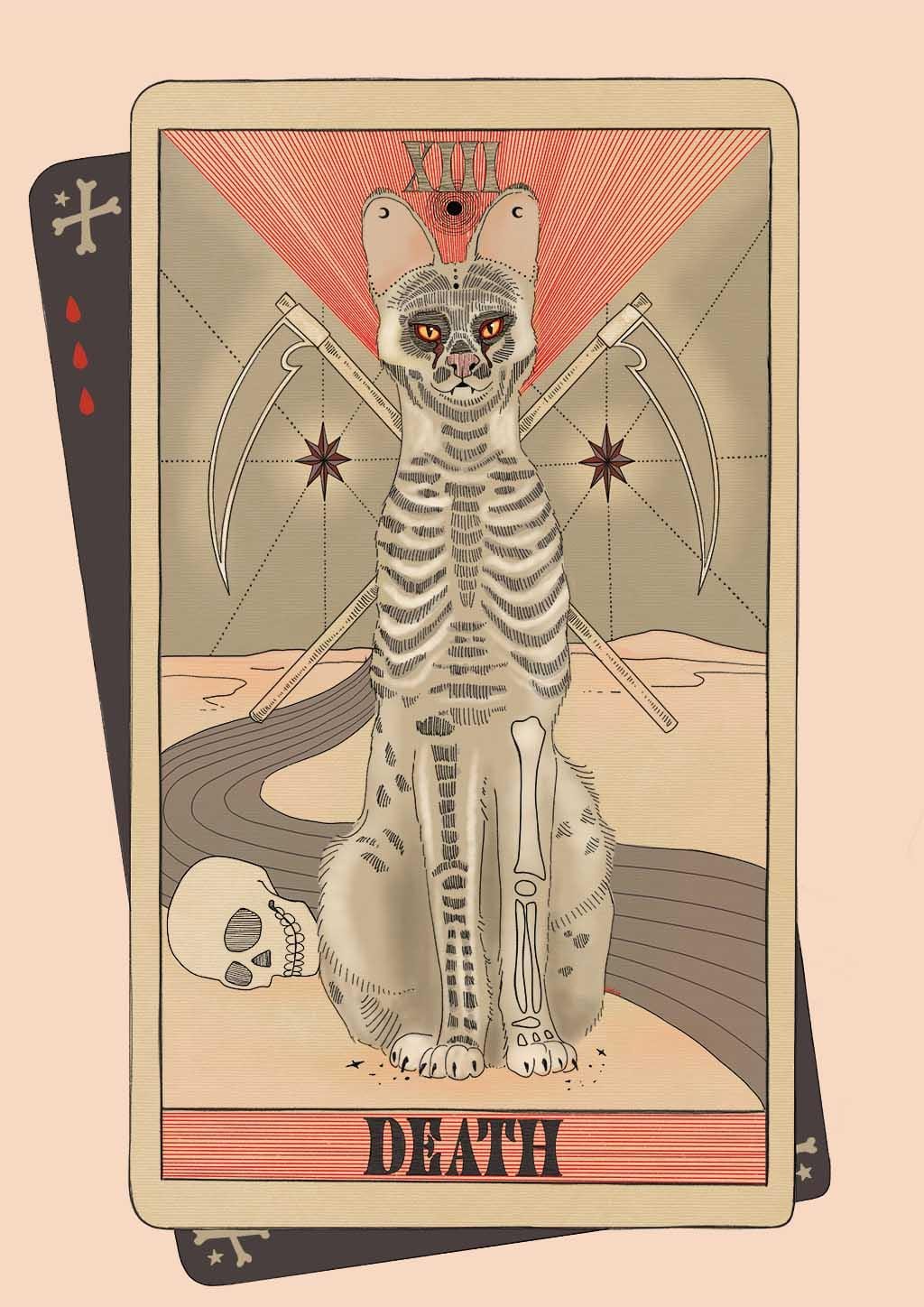 The Death Art Print by Tarot Cats features a skeletal cat, two crossed scythes, a skull, and a winding path through an arid desert, reimagining the classic tarot card illustration.