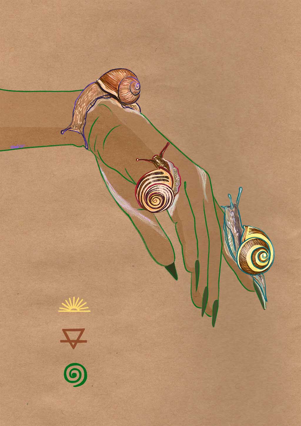 The Spring Snails Matte Art Print by Beauty and the Beastie features an illustrated hand with three spiral-patterned snails on its fingers. The background is brown with small geometric symbols: a sunburst, inverted triangle, and spiral.