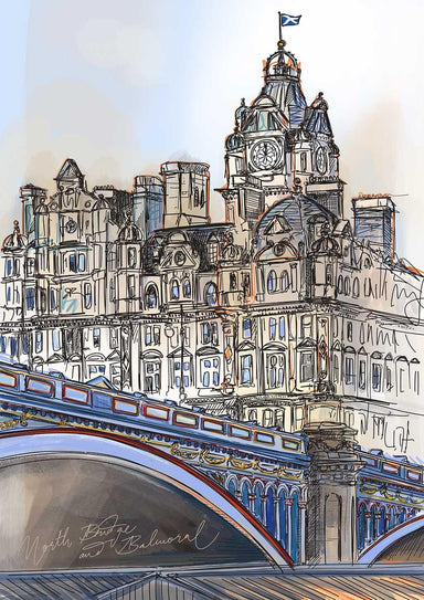 Essential Edinburgh’s North Bridge & The Balmoral Edinburgh Art Print features a detailed illustration of the grand Balmoral Hotel with its iconic clock tower and Scottish flag, standing behind the elegant arches of North Bridge.