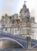 Essential Edinburgh’s North Bridge & The Balmoral Edinburgh Art Print features a detailed illustration of the grand Balmoral Hotel with its iconic clock tower and Scottish flag, standing behind the elegant arches of North Bridge.