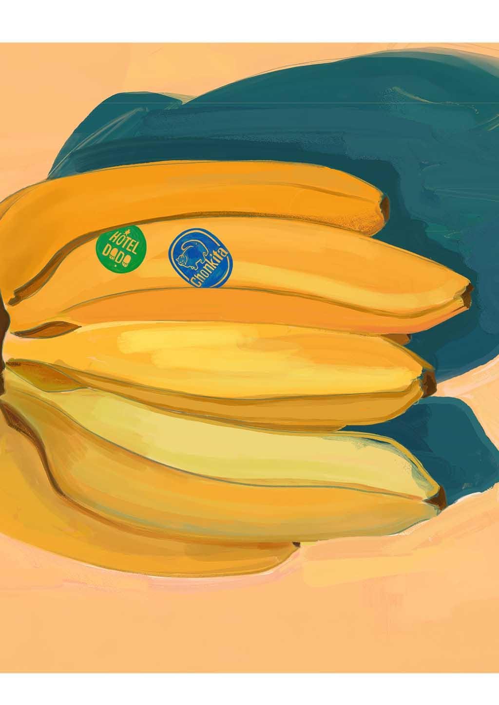 The Shromps Bunchananas Giclée Art Print features a bunch of bananas with visible green and blue stickers, resting against a vibrant blue and peach-colored background.