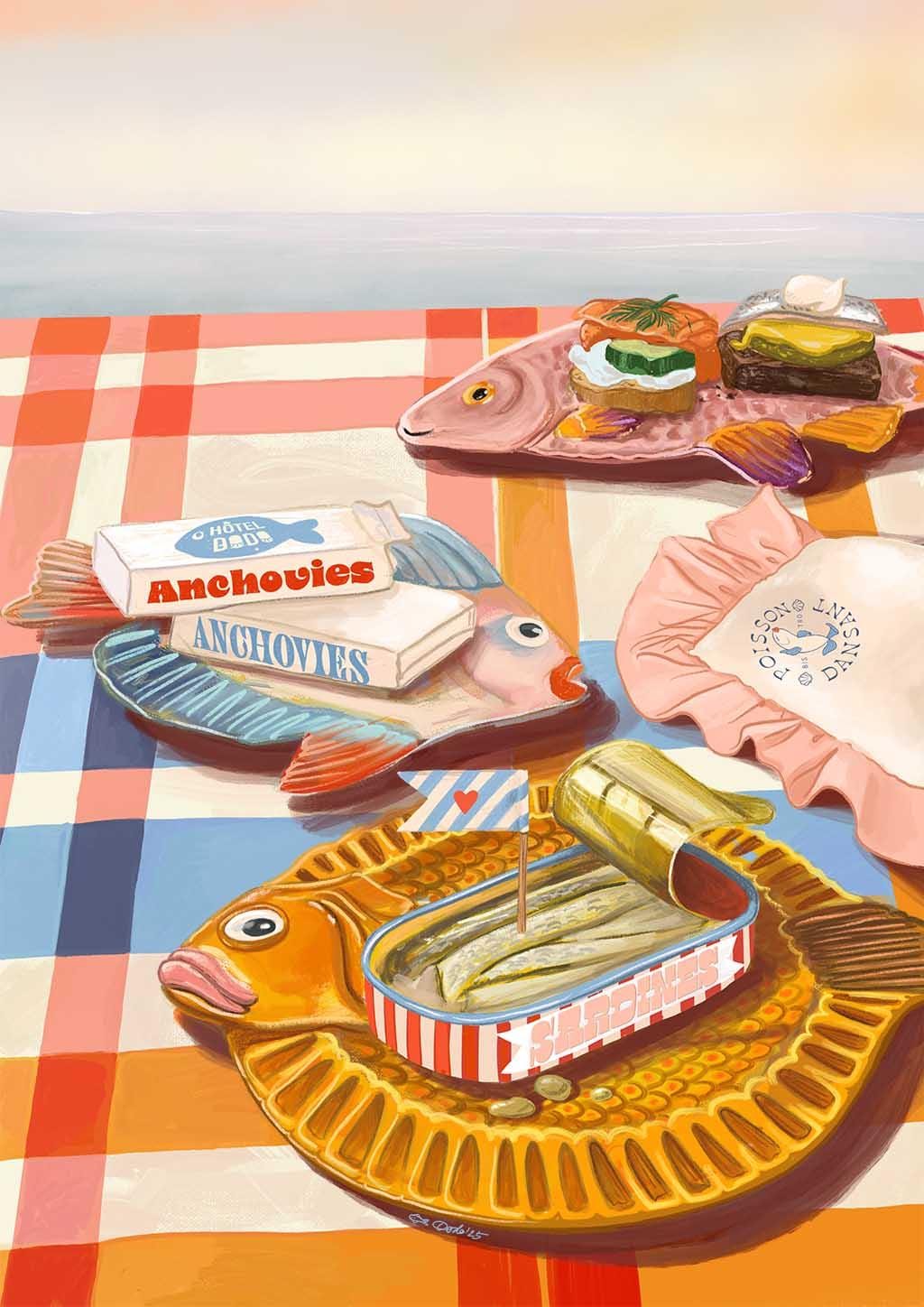 A colorful illustration of fish-shaped trays with canned and boxed anchovies and seafood by the ocean, featured on the Dishy Fishy Giclée Art Print from Hôtel Dodo.
