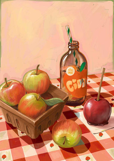 The Apple Core Giclée Art Print by Hôtel Dodo features fresh apples, a candy apple, a halved apple, and a cider bottle with straw arranged on a red-and-white checkered tablecloth.