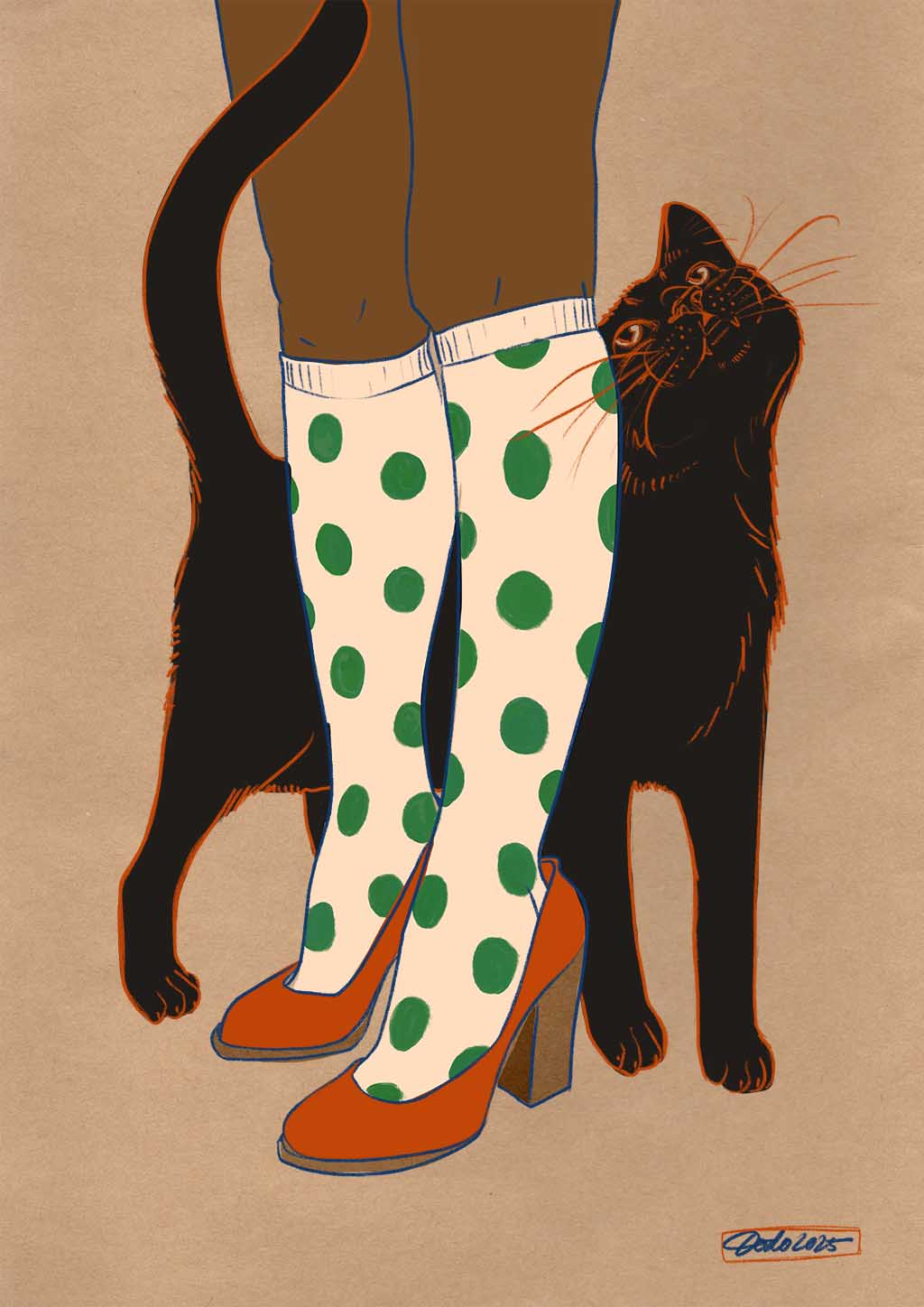 A lucky black cat rubs against legs adorned in spotted socks and orange heels, set against a neutral background in Beauty and the Beastie's "Encounters of the Purred Kind I" matte art print.