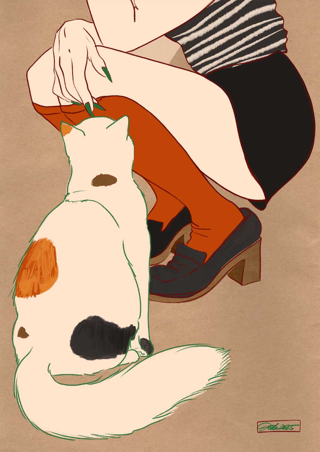 The "Encounters of the Purred Kind II Art Print" by Beauty and the Beastie features a seated person in a striped top and rust-colored stockings bonding with a fluffy calico cat against a brown background.