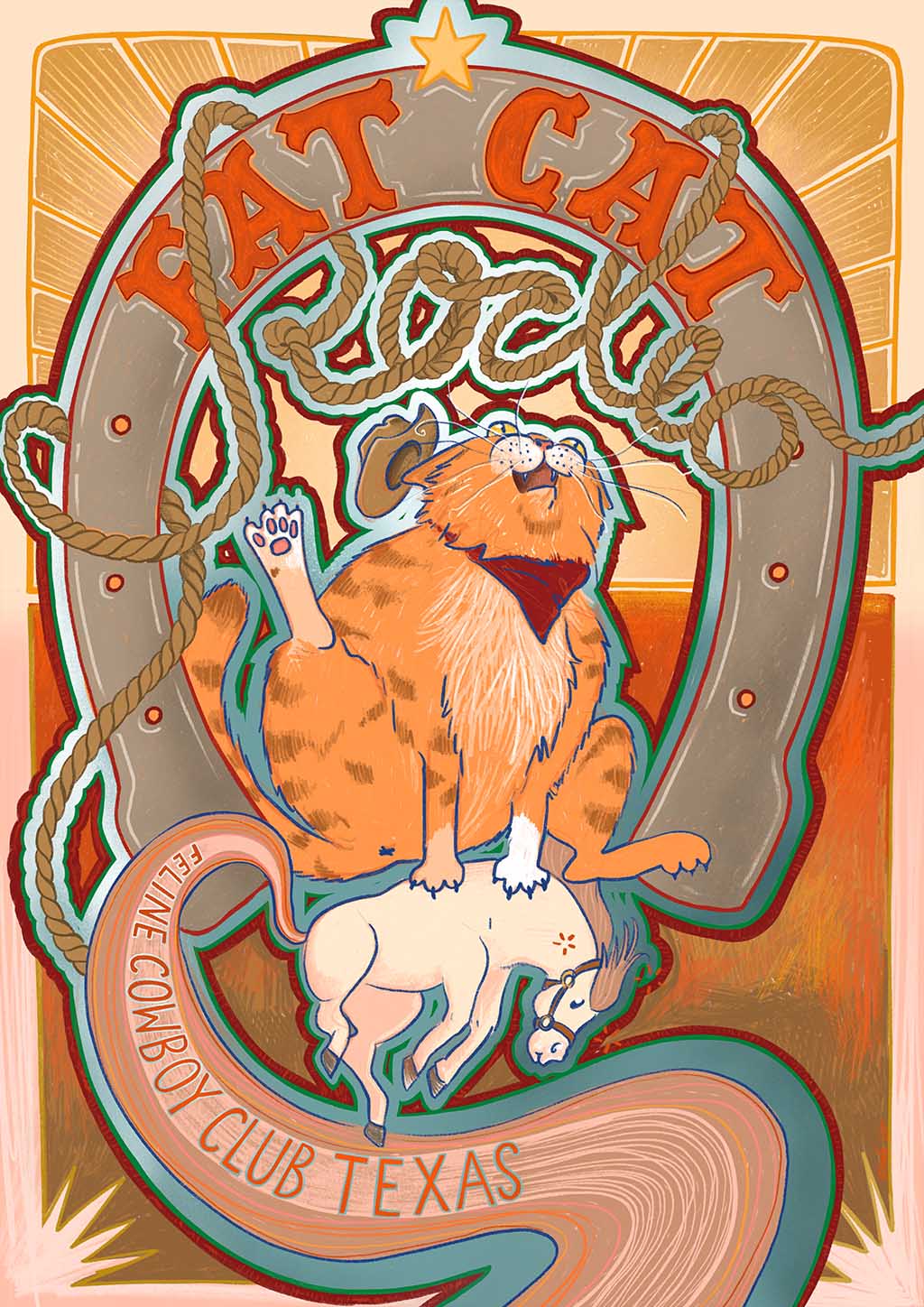 Featuring the Ginger Lad cat in a bandana on a horse, with "Fat Cat Rodeo" encircling him and "Feline Cowboy Club Texas" below, the Fat Cat Rodeo Matte Art Print by Aventures Des Créatures captures vintage whimsy.