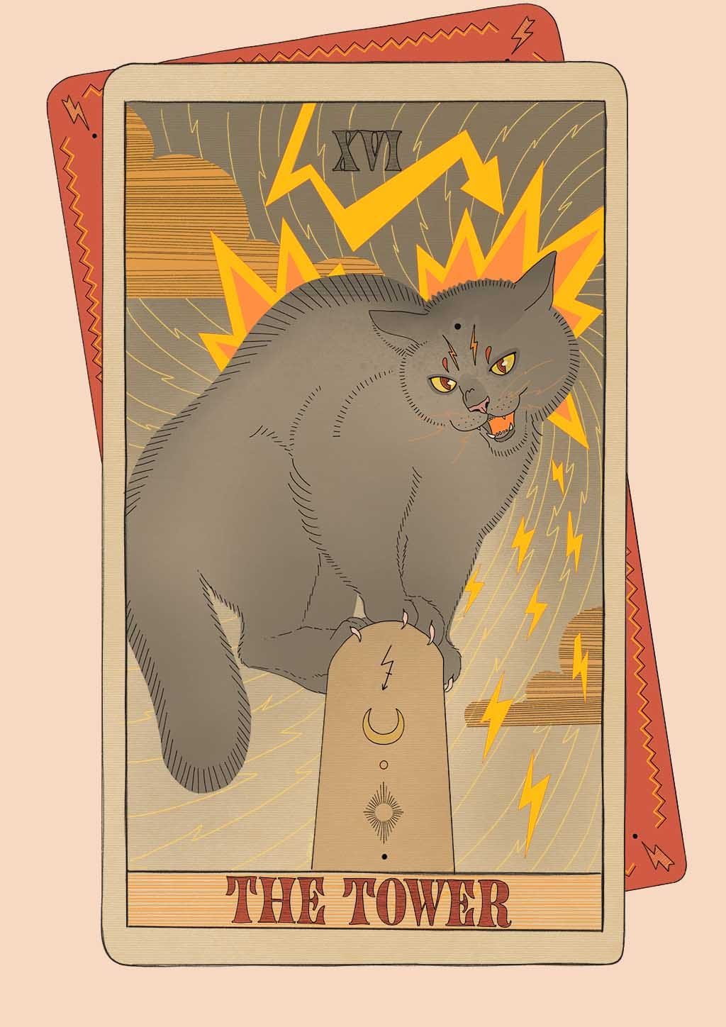 The Tower Art Print by Tarot Cats features an angry gray cat on a pedestal struck by yellow lightning bolts, with the Roman numeral XVI above.