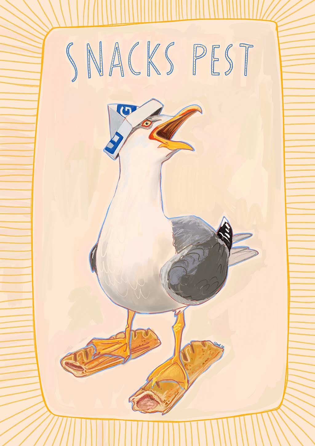 Illustration of a seagull with a paper hat and bread shoes titled "Snacks Pest," available as a matte canvas print by International Pestsellers.