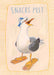 Illustration of a seagull with a paper hat and bread shoes titled "Snacks Pest," available as a matte canvas print by International Pestsellers.