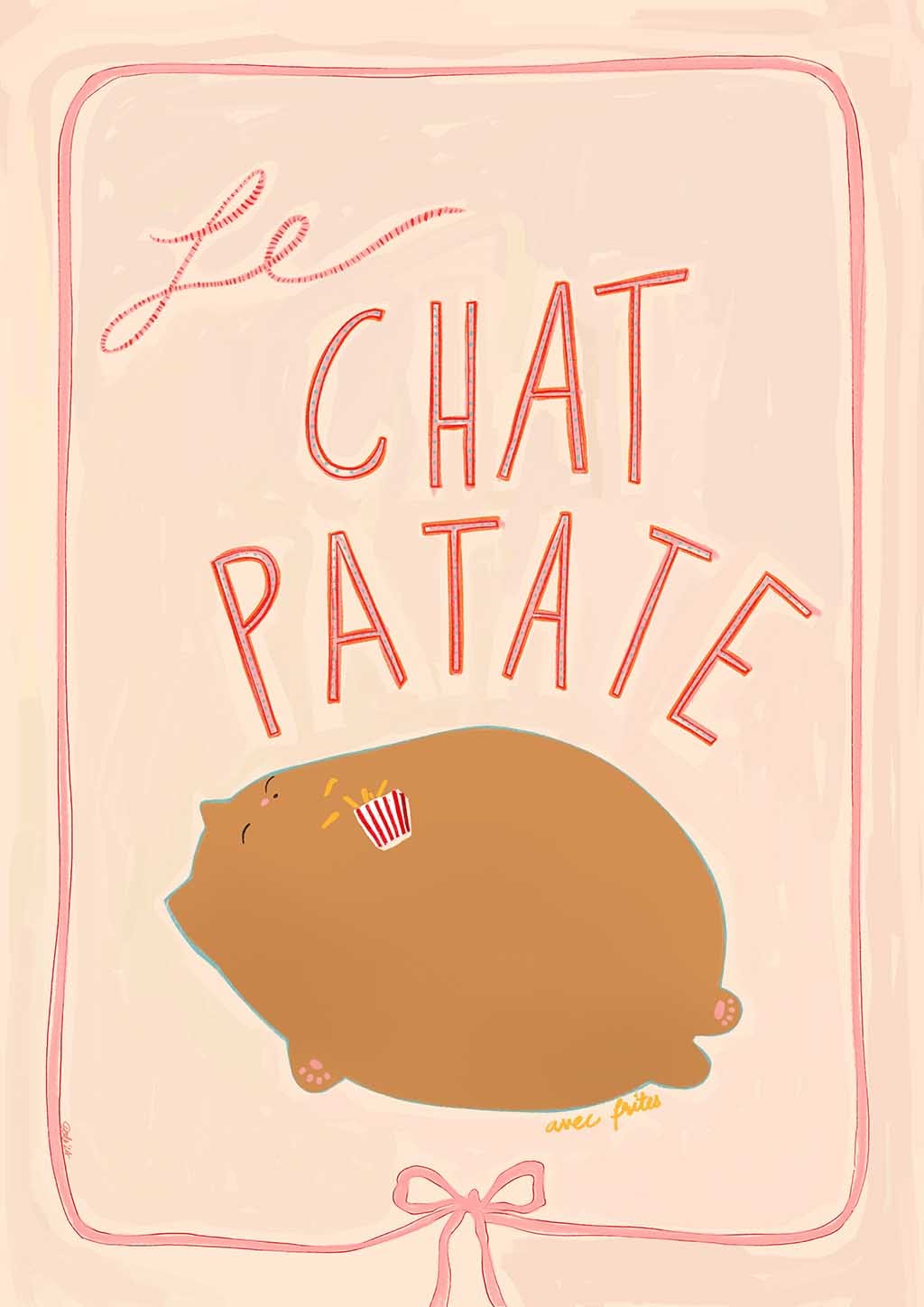 Le Chat Patate Canvas Print by Favourite Things features a plump brown cat lying down and eating a small box of fries on a light pink background.