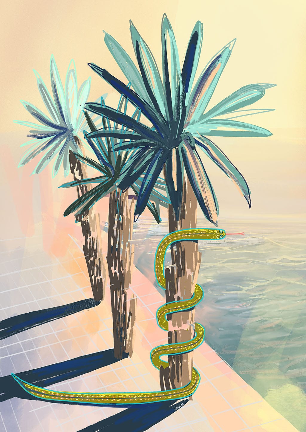 Poolside Promenade (with friendly snake) Giclée Art Print Palmy Days Art Print