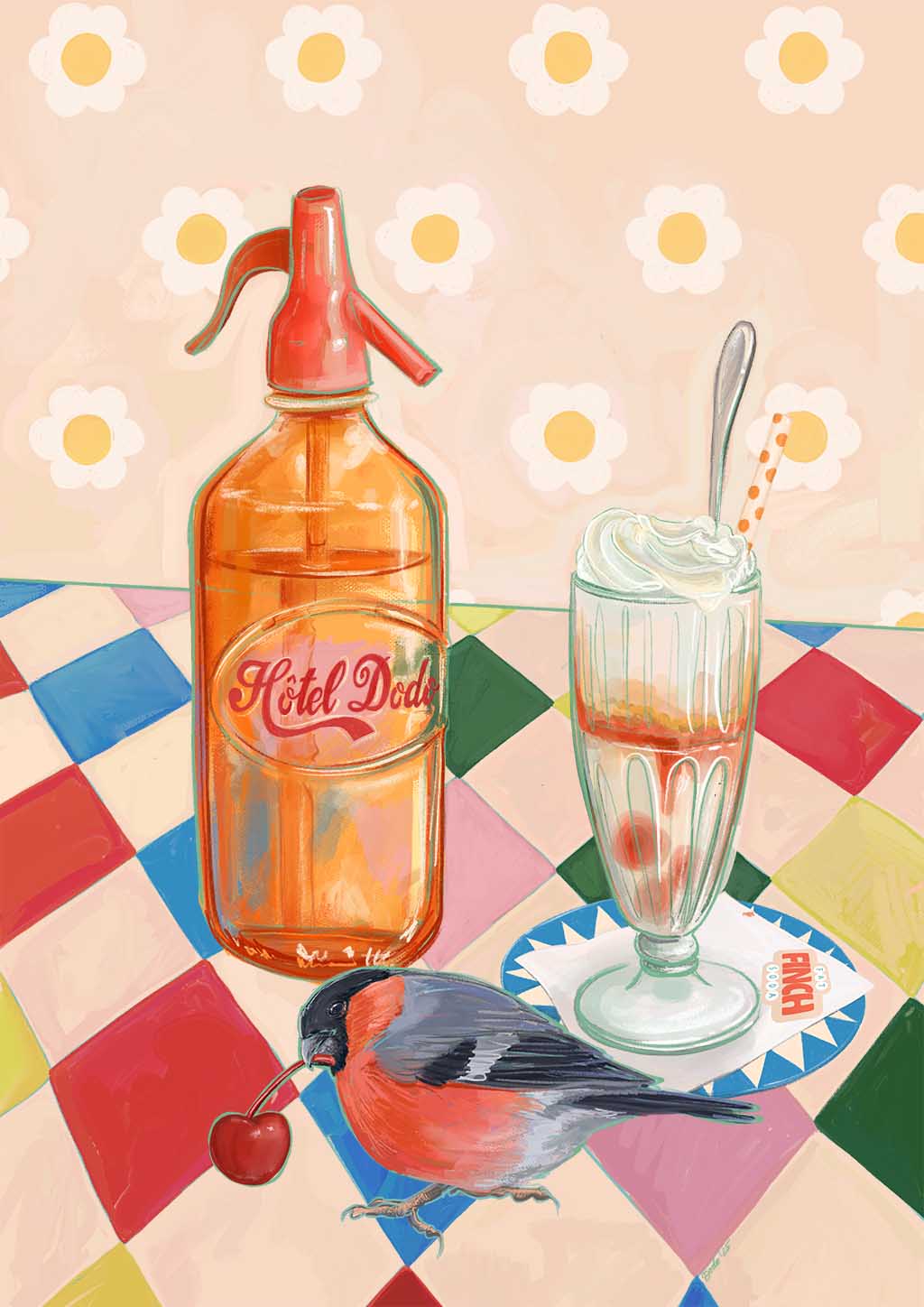 The Fat Finch Soda Giclée Art Print by Hôtel Dodo features an illustration of a vintage scene with an orange soda siphon, glass of cream, spoon, cherry, and bird on a checkered surface, capturing the retro charm of classic ice cream floats served in vintage diners.