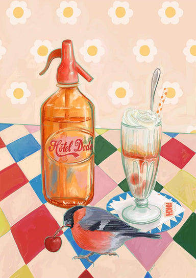 The Fat Finch Soda Giclée Art Print by Hôtel Dodo features an illustration of a vintage scene with an orange soda siphon, glass of cream, spoon, cherry, and bird on a checkered surface, capturing the retro charm of classic ice cream floats served in vintage diners.