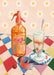 The Fat Finch Soda Giclée Art Print by Hôtel Dodo features an illustration of a vintage scene with an orange soda siphon, glass of cream, spoon, cherry, and bird on a checkered surface, capturing the retro charm of classic ice cream floats served in vintage diners.