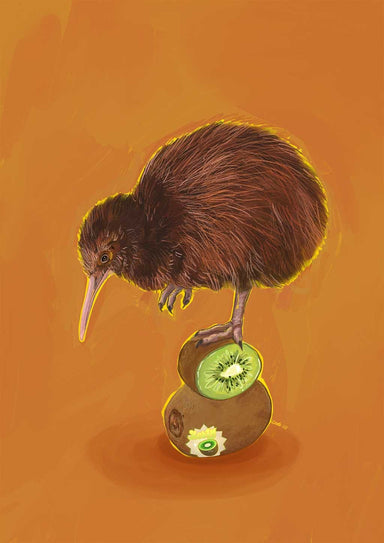 The Sticky Beaks Kiwi Kiwi Giclée Art Print portrays a fluffy kiwi bird perched on halved kiwis against an orange background, infused with vintage color charm.