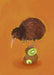 The Sticky Beaks Kiwi Kiwi Giclée Art Print portrays a fluffy kiwi bird perched on halved kiwis against an orange background, infused with vintage color charm.