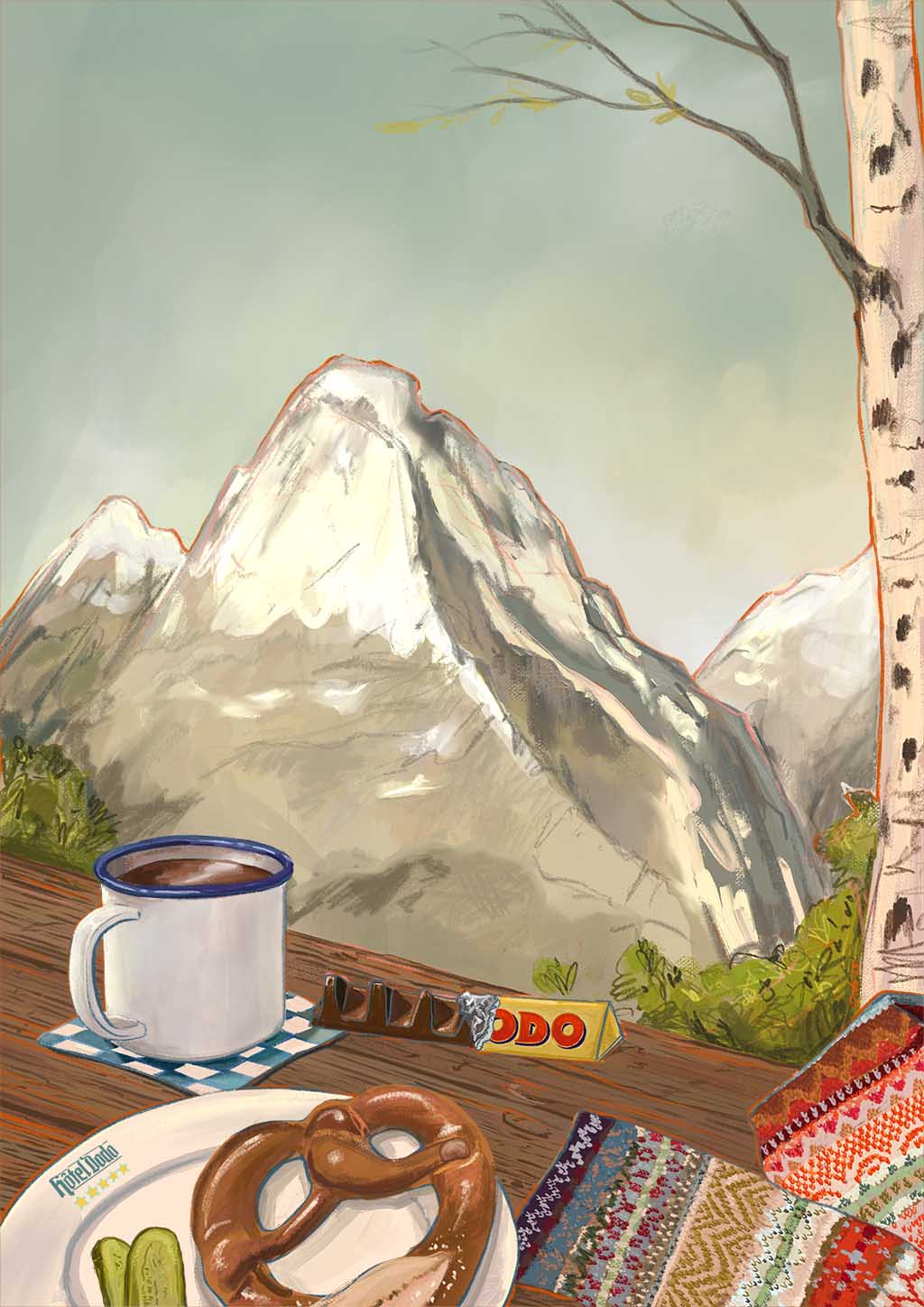 An Alpine Air Giclée Art Print by Hôtel Dodo features a mug, pretzel, and Swiss chocolate bar on a table against majestic mountain scenery, evoking the warmth of a cozy alpine lodge.