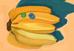 Shromps Bunchananas Giclée Art Print features four bananas with colorful stickers on an orange and teal background, capturing the playful charm of vibrant fruit.