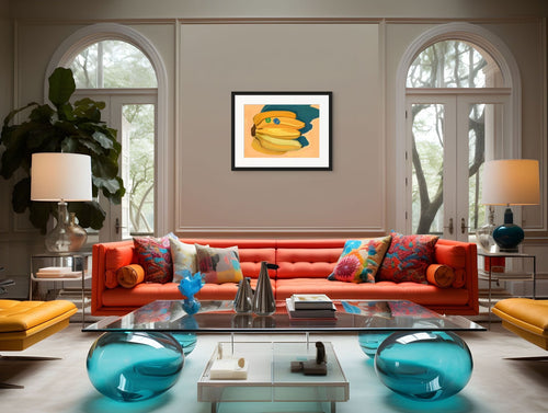 A modern living room with a bright orange sofa, colorful pillows, glass coffee table, and the Shromps Bunchananas Giclée Art Print framed between two tall arched windows.