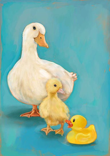 The Triple Lucky Duckie Canvas Print by Hôtel Dodo showcases a painted image of a white adult duck, a smaller yellow duckling, and a yellow rubber duck all set against a blue background.