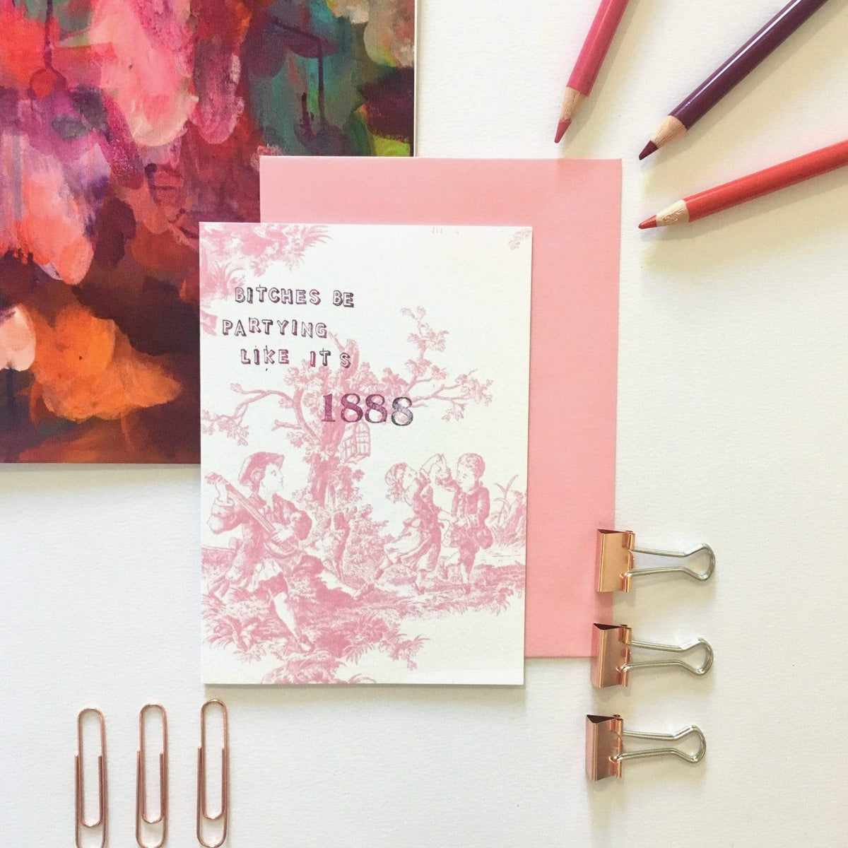 Pink Toile Bitches Be Partying Greeting Card