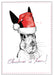This image is of a card which features an ink drawing of a hare wearing a christmas hat.