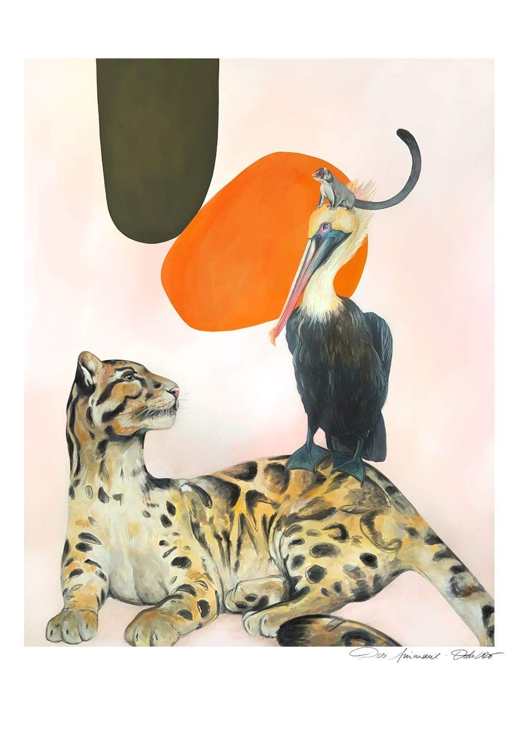 Artwork of a sugar glider sitting on a pelican who is standing on a cheetah.