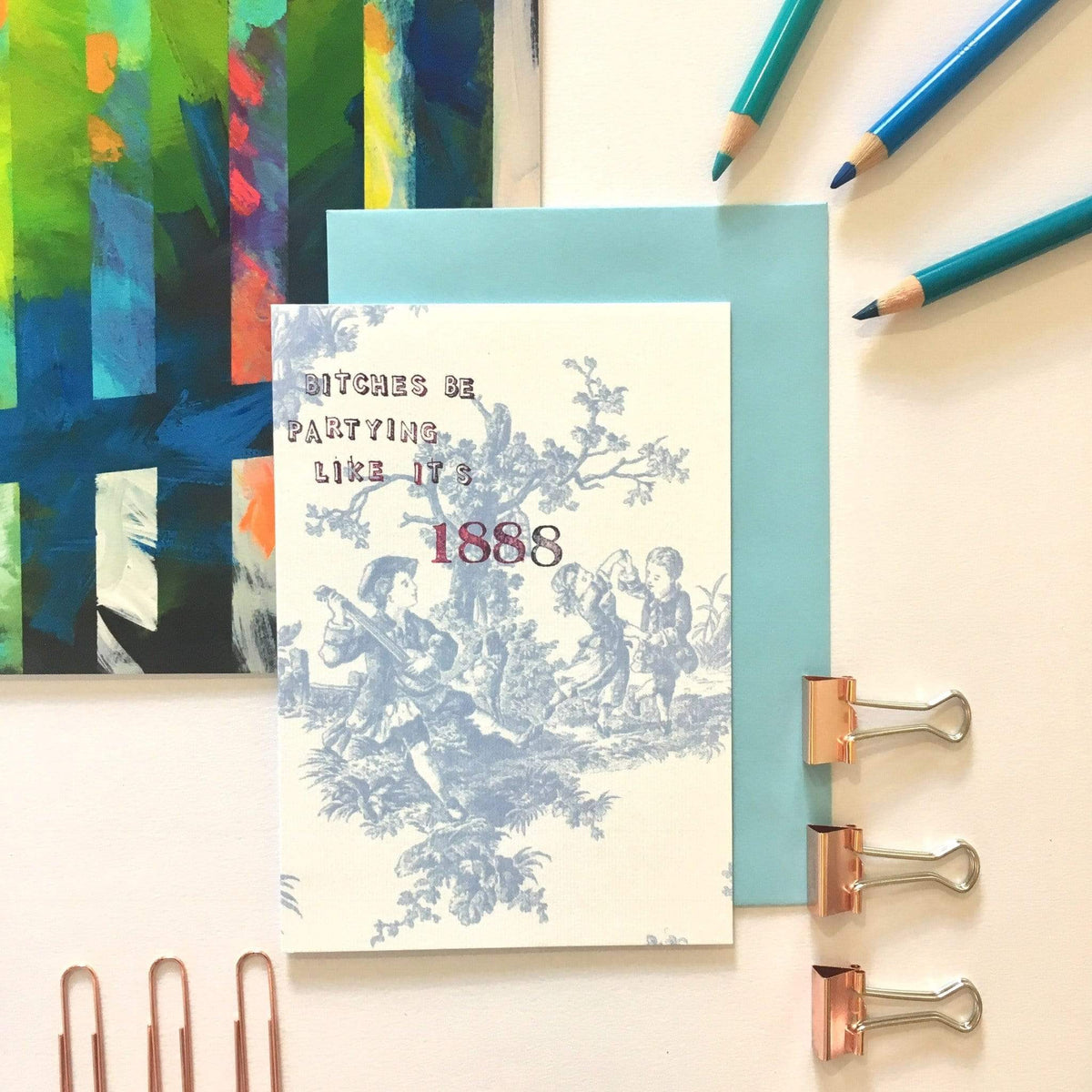 Blue Toile Bitches Be Partying Greeting Card