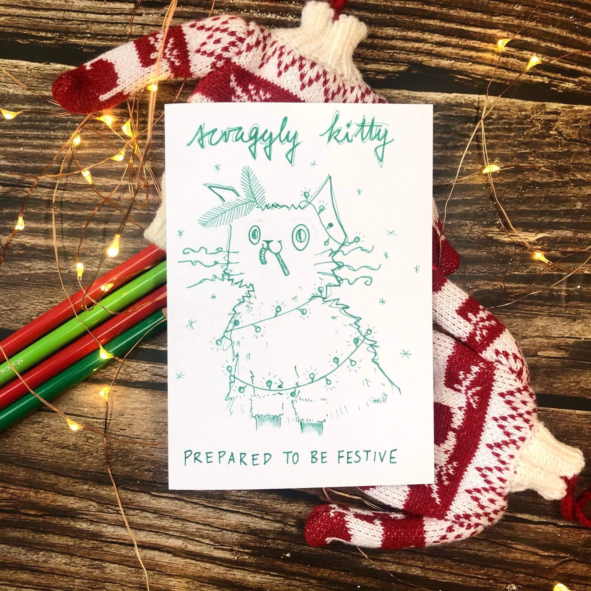 Scraggly Kitty Prepared To Be Festive Christmas Greeting Card