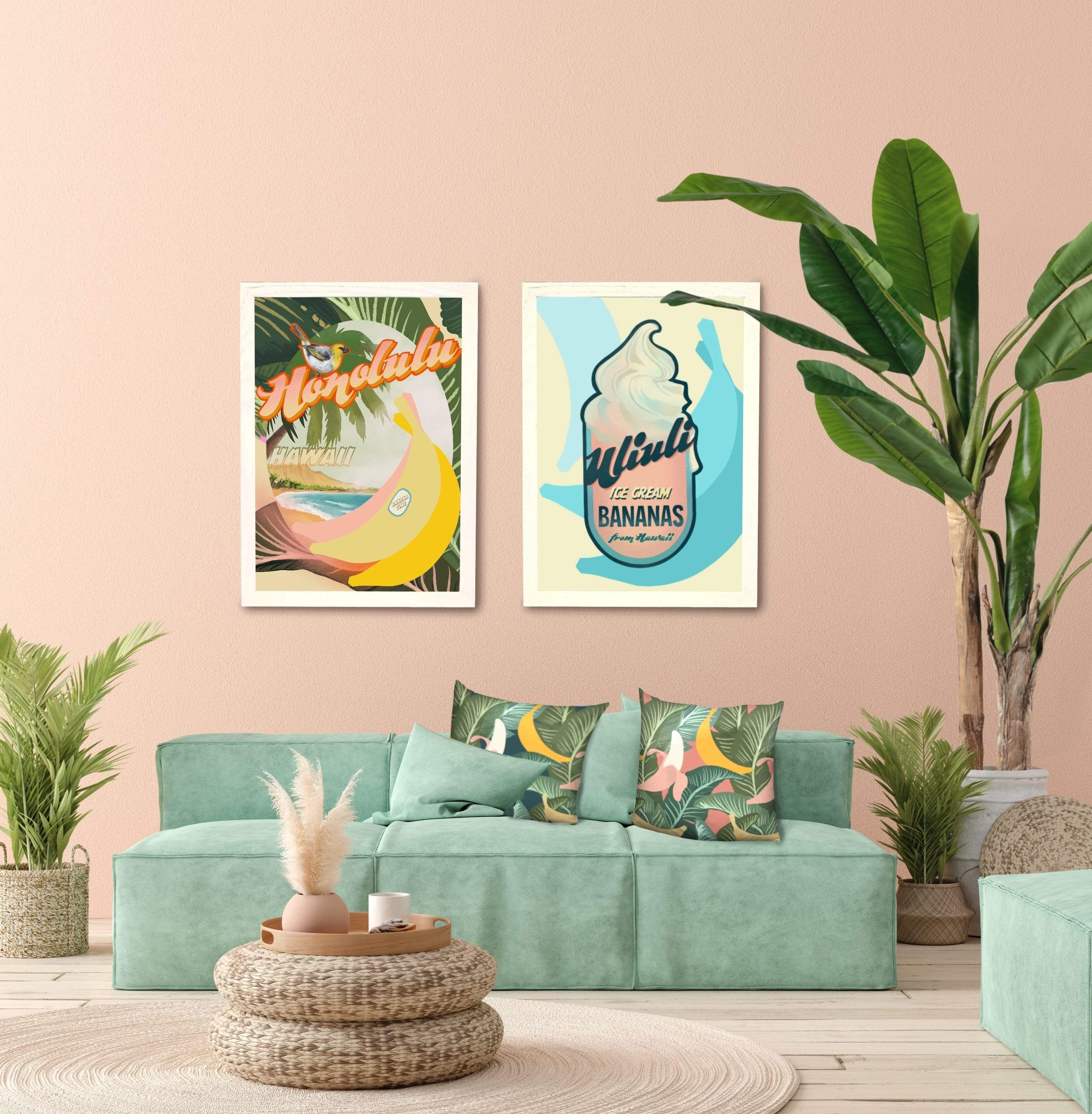 50's wall art with plants and a sofa